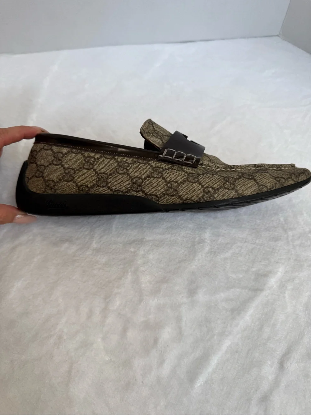 Gucci Authentic Mens 10.5 Loafers Beige GG Canvas & Dark Brown Penny Loafer